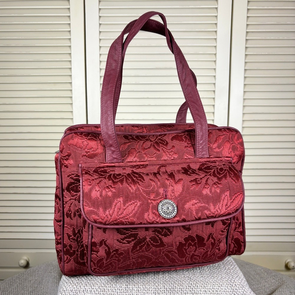 Retro Paint the Lily Burgundy Brocade Carpet Bag Vintage 1960s Mod Floral Tote